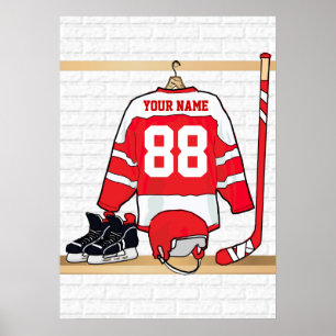 Personalised Red and White Ice Hockey Jersey Poster