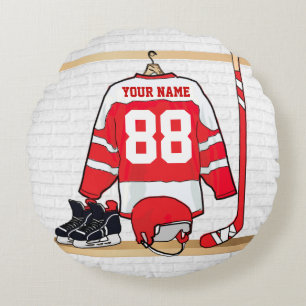 Personalised Red and White Ice Hockey Jersey Round Cushion