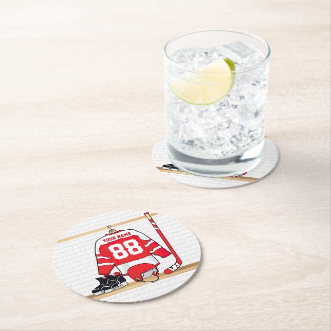 Personalised Red and White Ice Hockey Jersey Round Paper Coaster (Insitu)