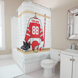 Personalised Red and White Ice Hockey Jersey Shower Curtain