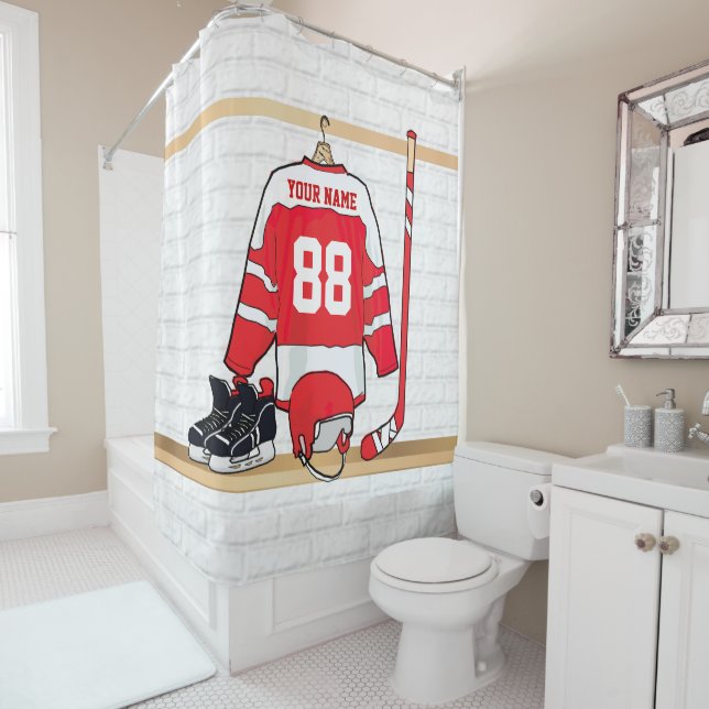Personalised Red and White Ice Hockey Jersey Shower Curtain (In Situ)