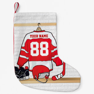 Personalised Red and White Ice Hockey Jersey Small Christmas Stocking