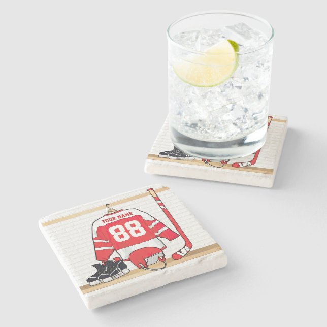 Personalised Red and White Ice Hockey Jersey Stone Coaster (Side)