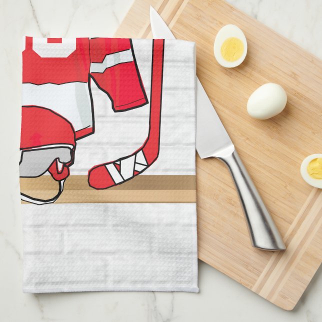 Personalised Red and White Ice Hockey Jersey Tea Towel (Quarter Fold)