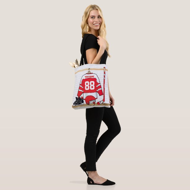 Personalised Red and White Ice Hockey Jersey Tote Bag (On Model)