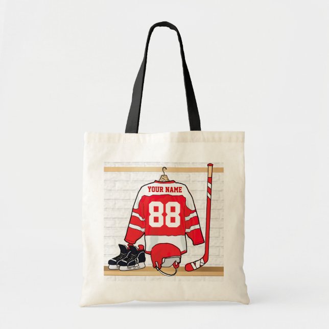 Personalised Red and White Ice Hockey Jersey Tote Bag (Front)