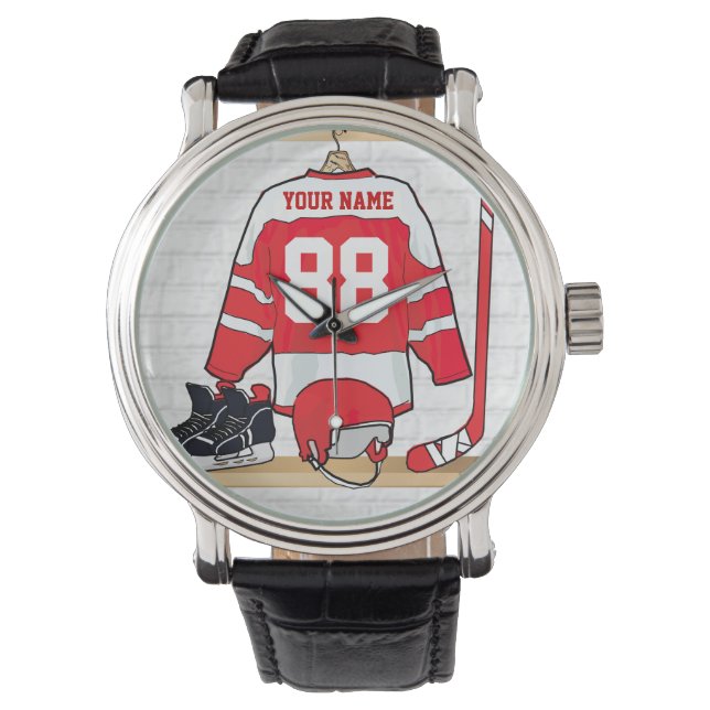 Personalised Red and White Ice Hockey Jersey Watch (Front)