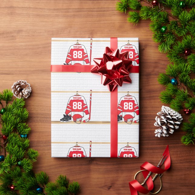 Personalised Red and White Ice Hockey Jersey Wrapping Paper (Holiday Gift)