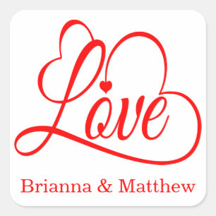 Personalised Red And White Love Heart Wedding Square Sticker