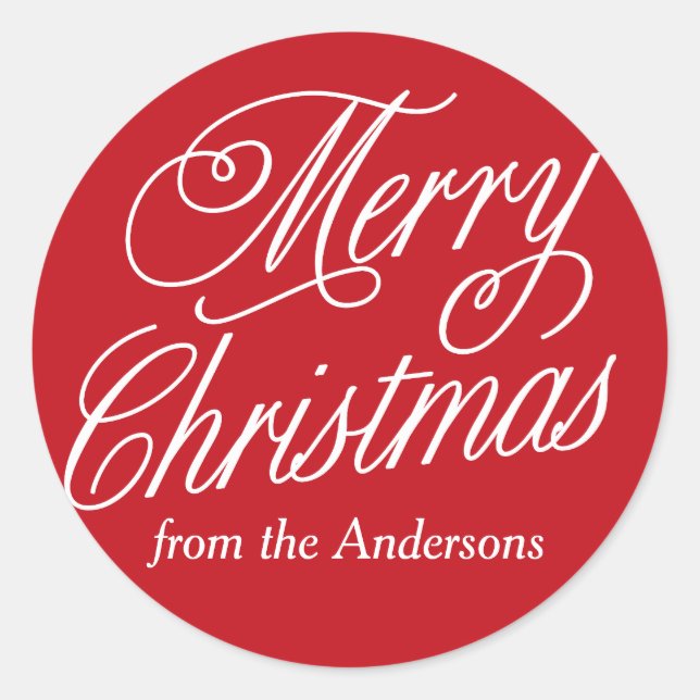 Personalised Red And White Merry Christmas Classic Round Sticker (Front)