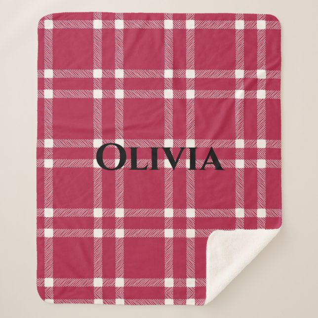 Personalised Red and White Plaid Simple Country Sherpa Blanket (Front)