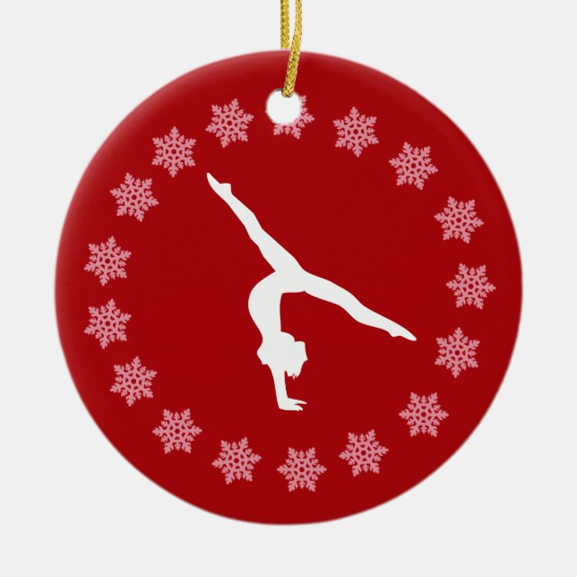 Personalised Red and White Snowflake Gymnastics Ceramic Tree Decoration (Front)