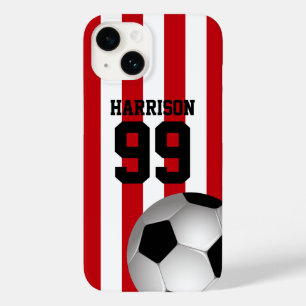 Personalised Red and White Stripes Soccer Ball Case-Mate iPhone 14 Case