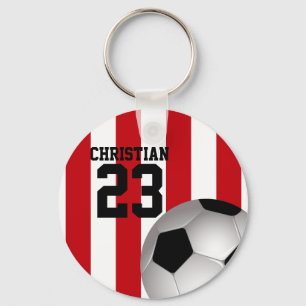 Personalised Red and White Stripes Soccer Ball Key Ring