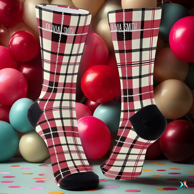 Personalised Red and White Tartan Plaid Custom Socks (Creator Uploaded)