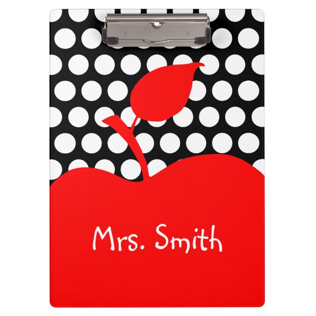 Personalised Red Apple Black and White Polka Dot Clipboard (Front)