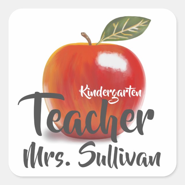 Personalised Red Apple Kindergarten Teacher Square Sticker (Front)