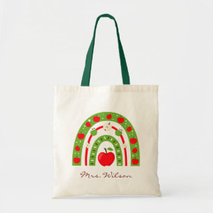 Personalised Red Apple Rainbow Teacher Tote Bag