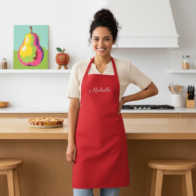 Personalised Red Apron with Custom Name (Personalized red apron with elegant custom name printed in white.)