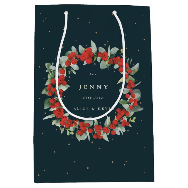 Personalised Red Berry+Eucalyptus Christmas Medium Gift Bag (Front)