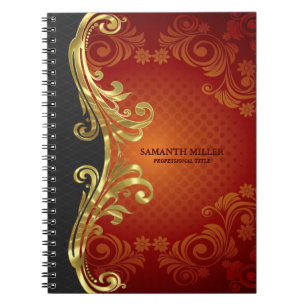 Personalised Red Black And Gold Vintage Swirls Notebook
