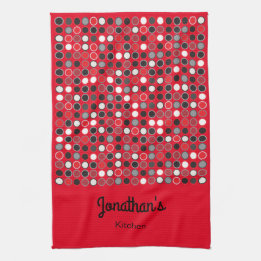 Personalised Red Black And Grey Circles Tea Towel