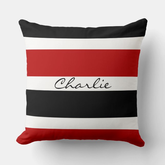 Personalised Red, Black, and White Stripes Cushion (Front)