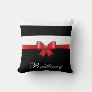 Personalised RED, Black Bold Stripes ELEGANT BOW Cushion