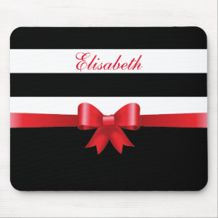 Personalised RED, Black Bold Stripes RED BOW Mouse Mat