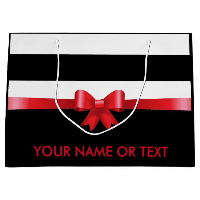 Personalised RED Black Bold Stripes RED SATIN BOW Large Gift Bag (Front)