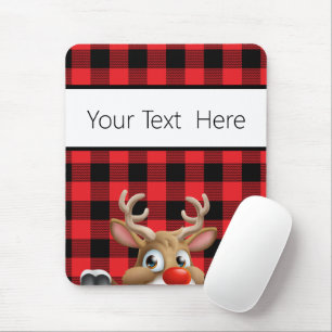 Personalised Red Black Buffalo Check Reindeer Mouse Mat