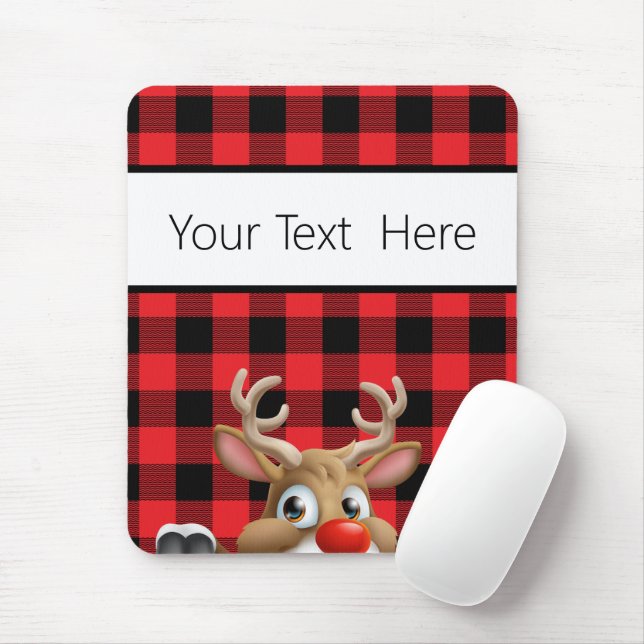 Personalised Red Black Buffalo Check Reindeer Mouse Mat (With Mouse)