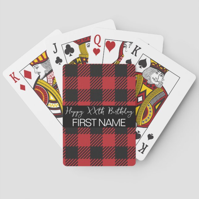 Personalised Red & Black Buffalo Plaid Birthday  Playing Cards (Back)