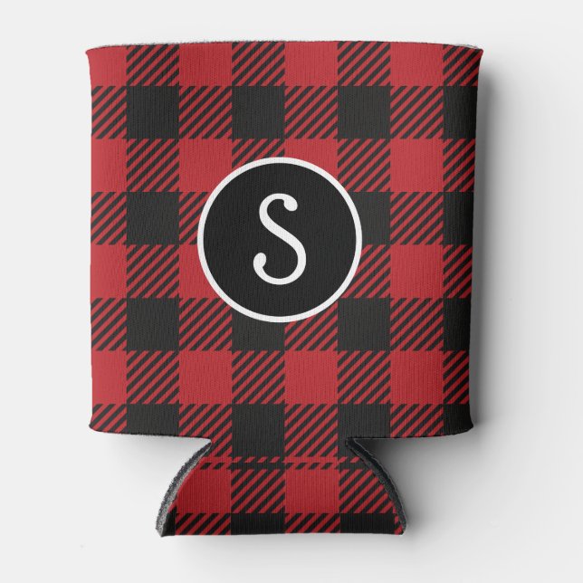 Personalised Red & Black Buffalo Plaid Monogram  Can Cooler (Front)