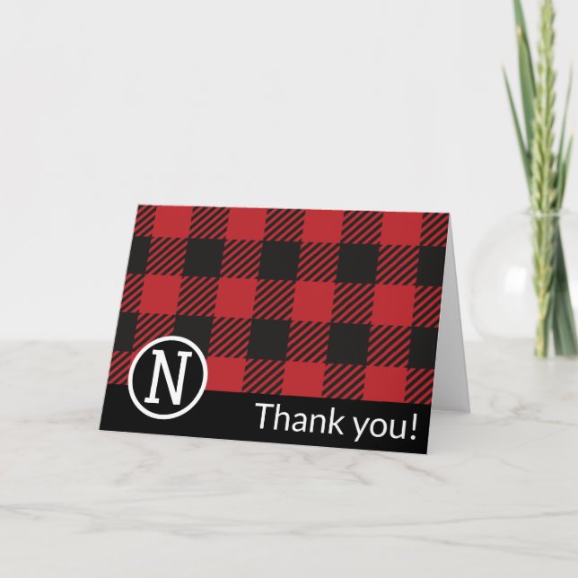Personalised Red & Black Buffalo Plaid Monogram  Thank You Card (Front)