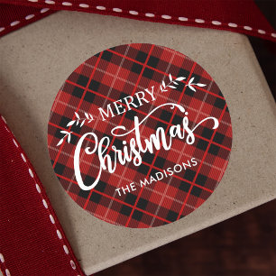 Personalised Red Black Christmas Plaid Classic Round Sticker