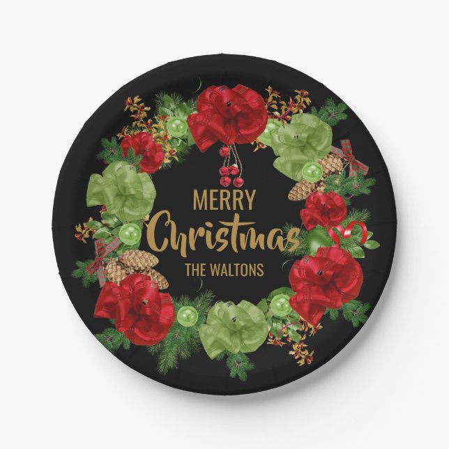 Personalised RED Black Gold MERRY CHRISTMAS Wreath Paper Plate (Front)