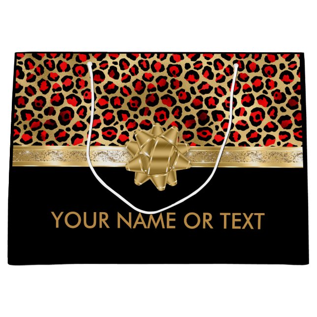 Personalised Red Black Leopard Golden BOW  Large Gift Bag (Front)