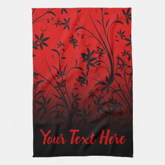 Personalised Red & Black Ombre Floral Tea Towel (Vertical)