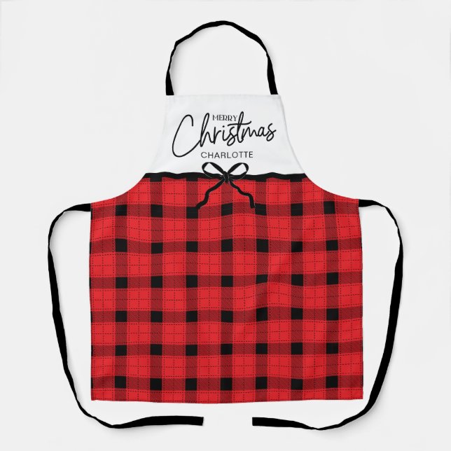 Personalised Red Black Plaid Merry Christmas Apron (Front)