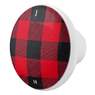 Personalised Red & Black Squares Pattern Ceramic Knob