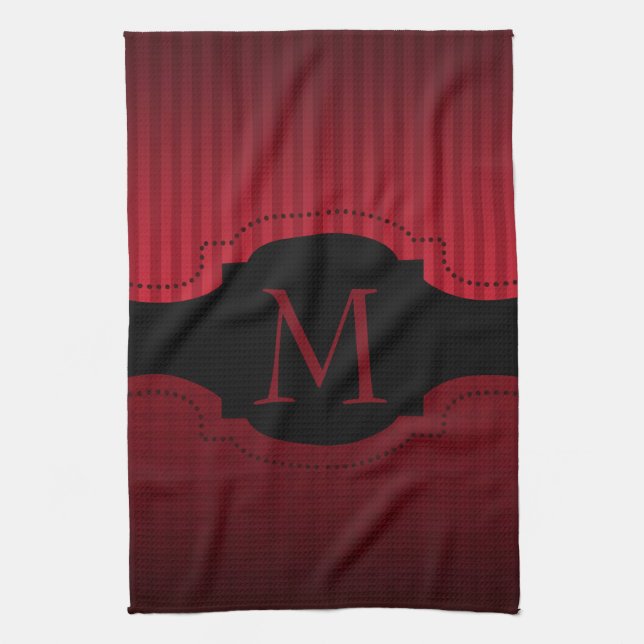 Personalised Red Black Stripes Pattern Monogram Tea Towel (Vertical)