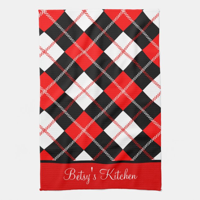 Personalised Red Black White Argyle Plaid  Kitchen Tea Towel (Vertical)