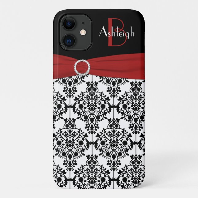 Personalised Red Black White Damask iPhone 11 Case (Back)