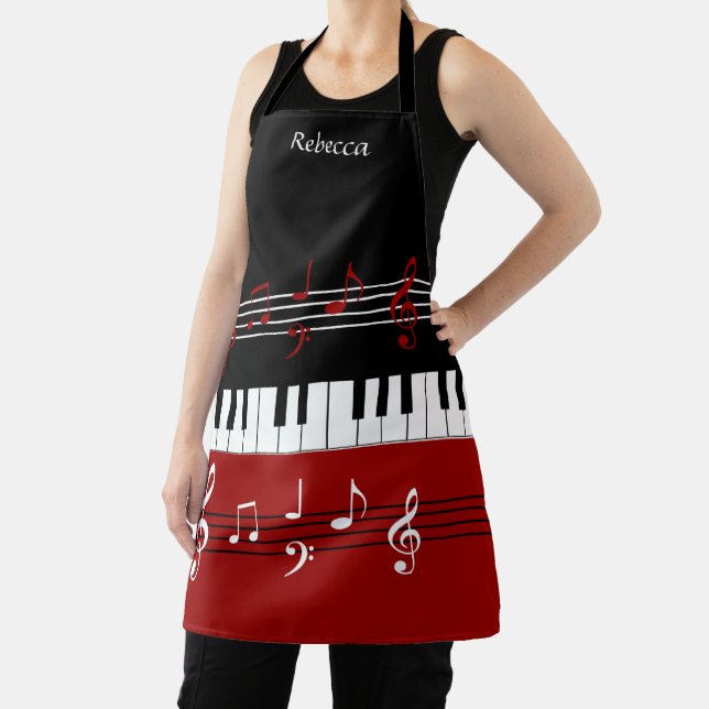 Personalised Red Black White Piano Keys Apron (Insitu)
