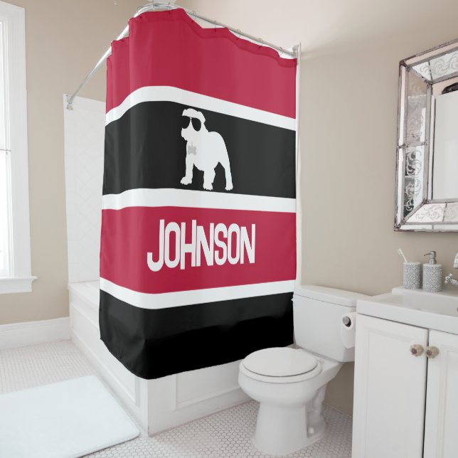 Personalised Red Black White Striped Bulldog Pup Shower Curtain (In Situ)