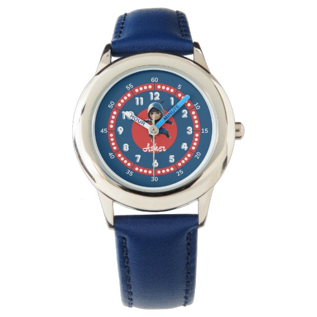 Personalised Red & Blue Action Hero Ninja Kids Watch (Front)