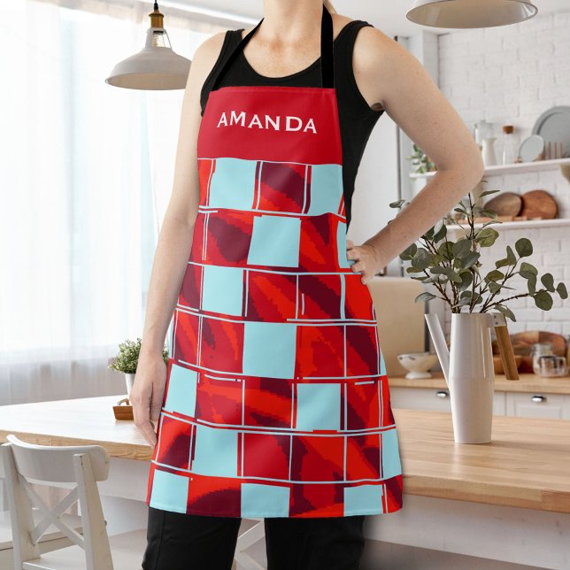 Personalised Red Blue Plaid Pattern Name Apron (Creator Uploaded)