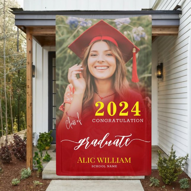 Personalised Red Boho Photo Graduation Party  Banner (Your Graduation, Your Way—Personalize Today!)