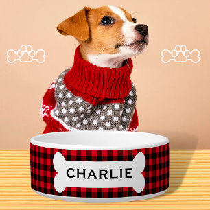 Personalised Red Buffalo Plaid Dog Bone Name Bowl